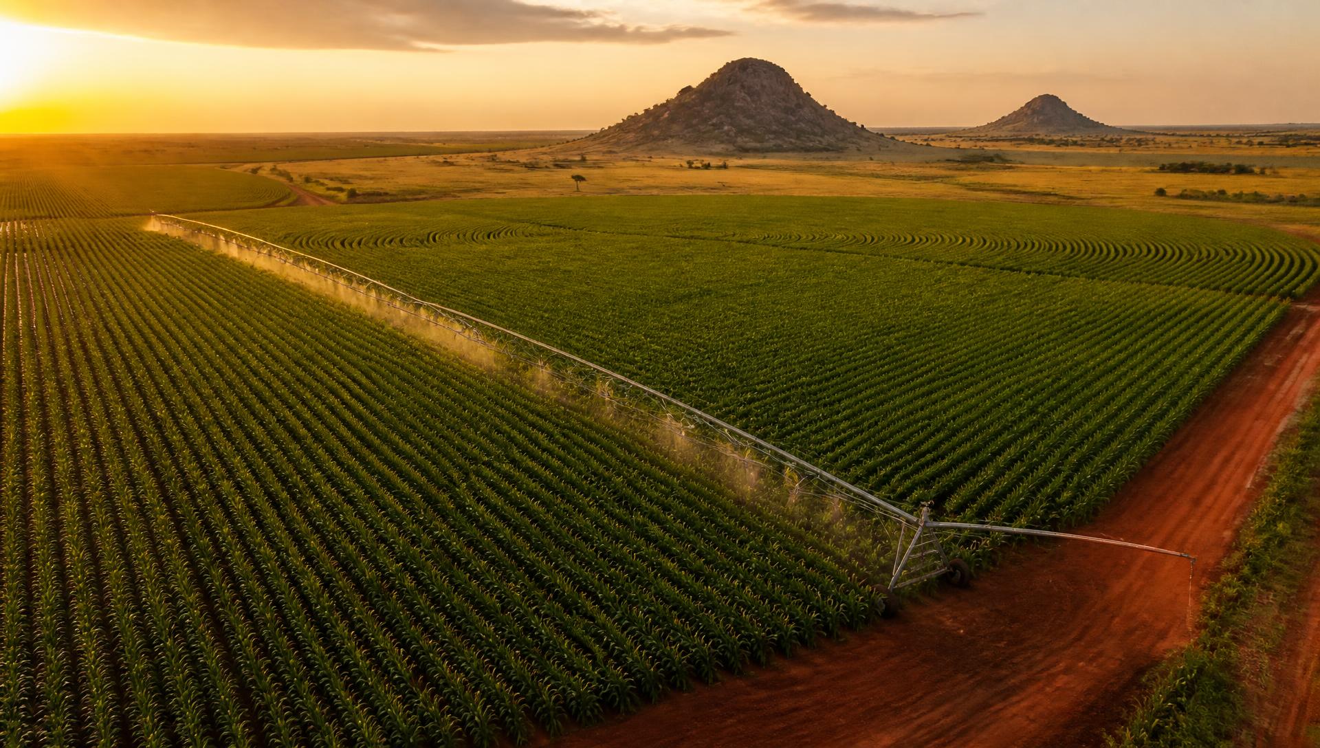 Aerial view of an irrigated commercial maize farm in Zimbabwe at golden hour